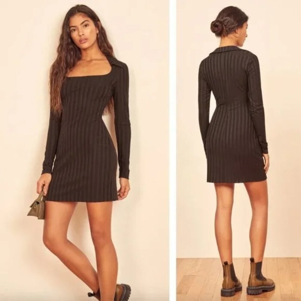 NWT Reformation Vittoria Black Ribbed Long Sleeve Collar Mini Dress $128